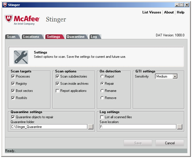 McAfee Stinger - Settings tab - WindowsWally
