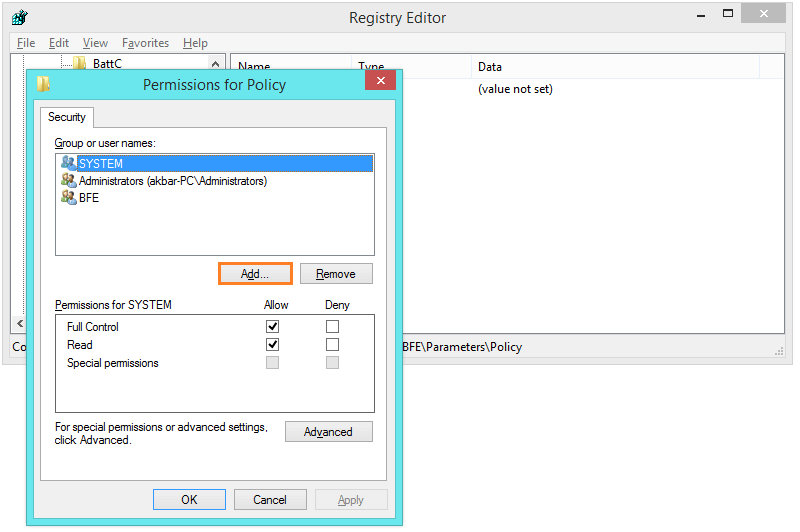 Base Filtering Engine - regedit - permissions - Add -- Windows Wally