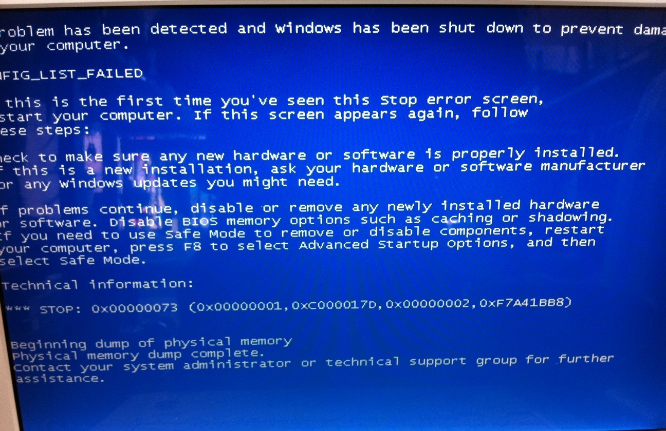 CONFIG_LIST_FAILED - STOP 0x00000073 - Cover - BSoD -- Windows Wally