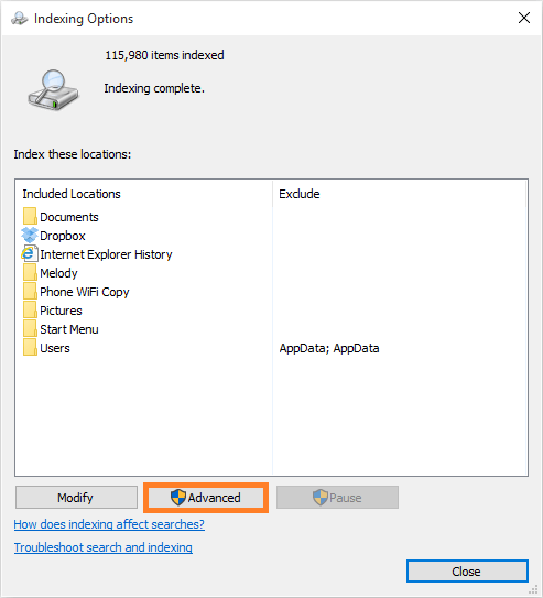 Windows Search - Indexing Options - Advanced - Windows 10 - Windows Wally