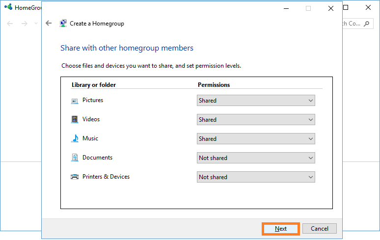 create shared folder windows 10