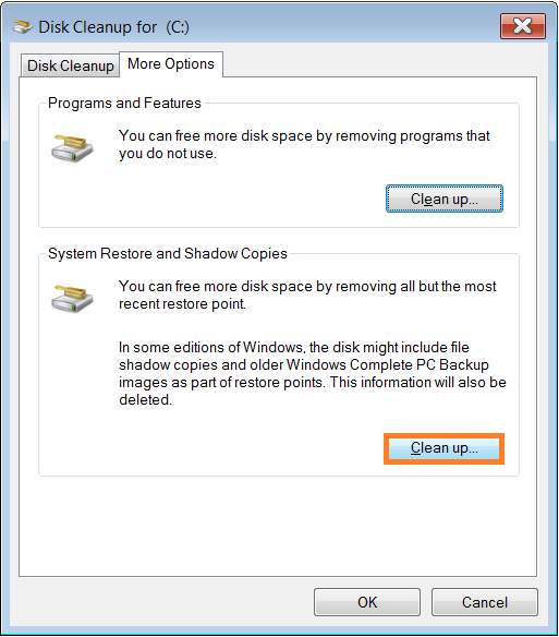 Fix Windows - Disk Cleanup - C Drive Properties - clean up System Files- More Options - System Restore and Shadow copies - WindowsWally
