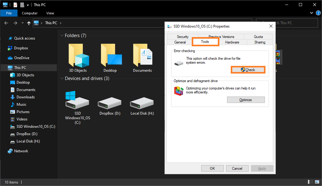 Fatal device hardware error -- Windows Key + E - File Explorer - Tools - Check - Windows 10